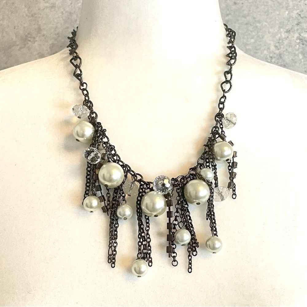 Waterfall Fringe Chunky Pearl and Crystal Necklace